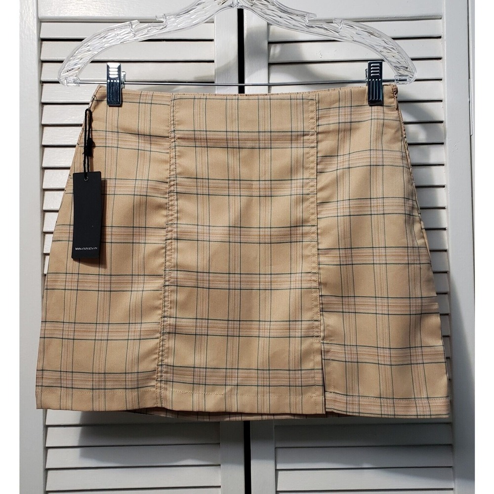 Forever 21 Side Zip Mini Skirt Juniors/Miss Medium Tan Plaid Unlined Slit Preppy